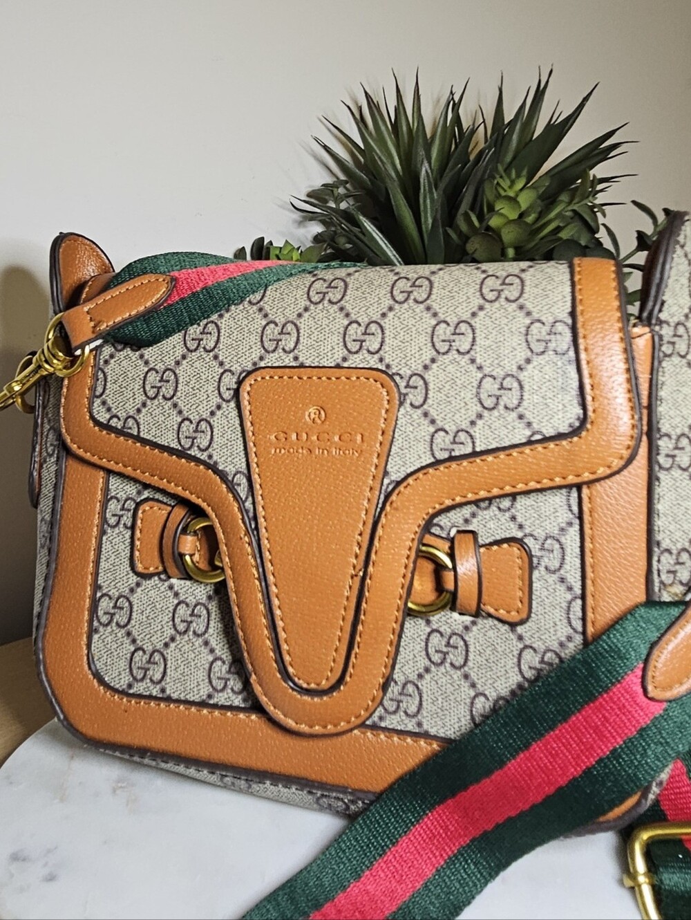 Designer Inspired Crossbody Bag with Tan Leather Trim and a Canvas Strap